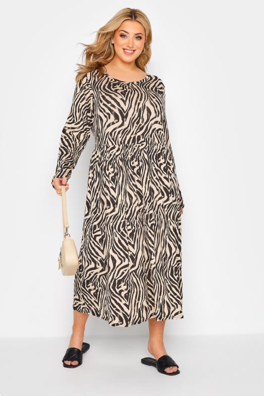 Plus Size  LIMITED COLLECTION Curve Beige Brown Zebra Print Smock Midi Dress