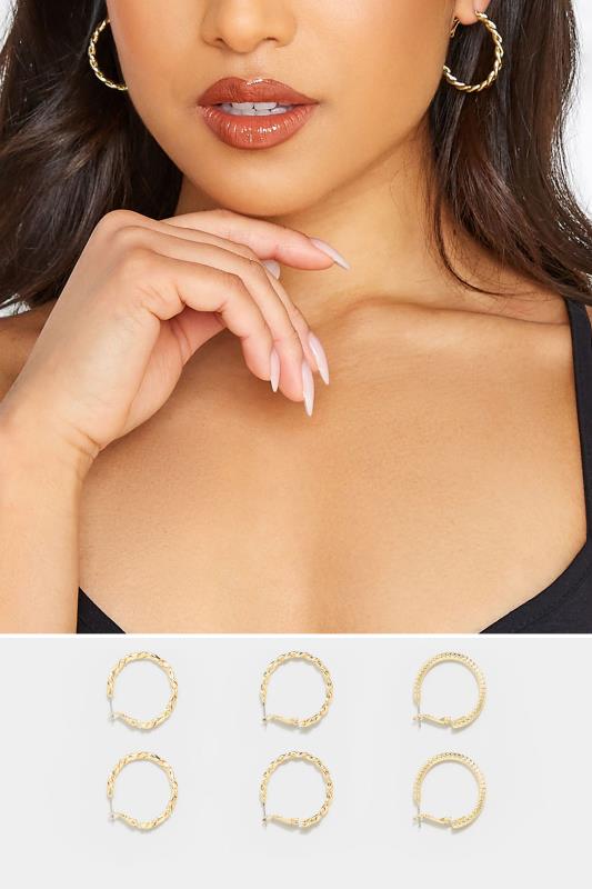 3 PACK Gold Twisted Hoop Earrings | Yours Clothing 1