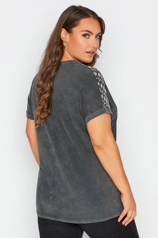 Plus Size Washed Grey Embroidered Shoulder Top | Yours Clothing 3
