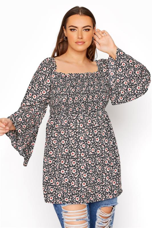 Plus Size  LIMITED COLLECTION Black Floral Shirred Flare Sleeve Blouse