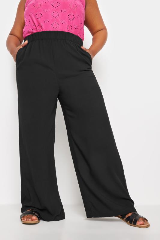 YOURS Plus Size Black Elasticated Wide Leg Trousers | Yours Clothing 2
