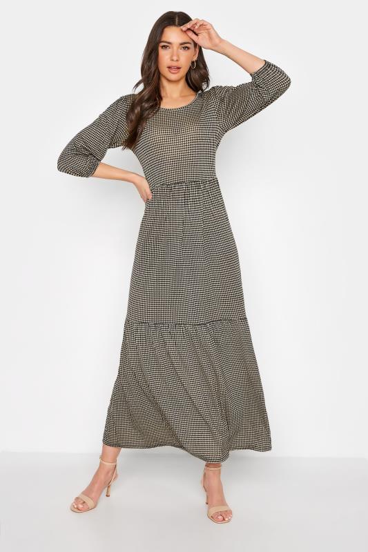 LTS Tall Beige Brown Dogtooth Check Midaxi Tiered Dress 1