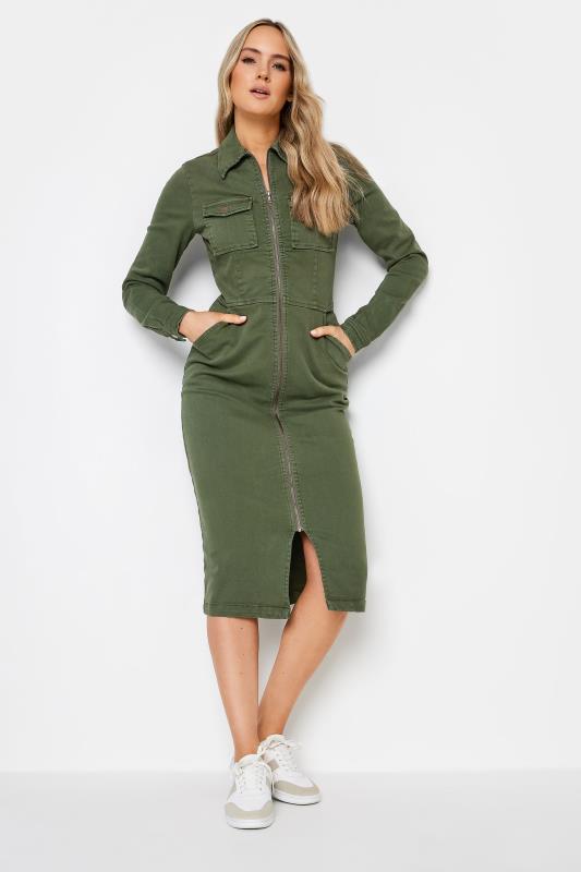  Grande Taille LTS Tall Khaki Green Denim Zip Through Midi Dress