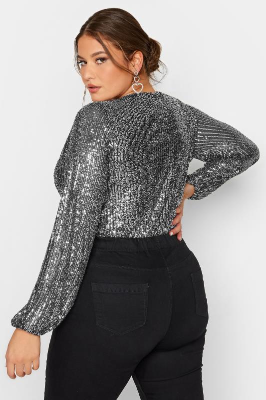 YOURS LONDON Plus Size Silver Sequin Embellished Wrap Bodysuit | Yours Clothing 3