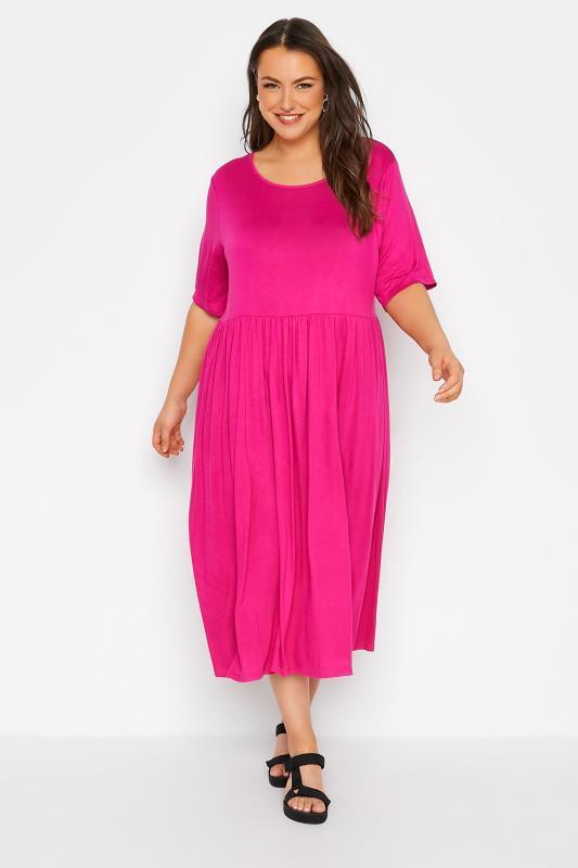 LIMITED COLLECTION Curve Hot Pink Midaxi Smock Dress 1