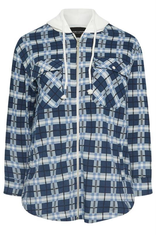 YOURS Curve Blue Check Zip Through Hooded Shacket | Yours Clothing 5