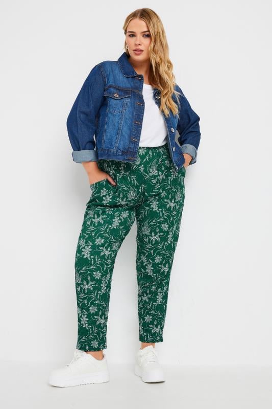 YOURS Plus Size Green Leaf Print Double Pleat Trousers | Yours Clothing  2