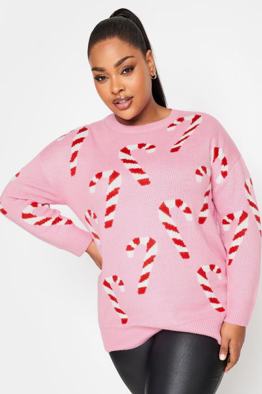 YOURS Plus Size Pink Candy Cane Print Christmas Jumper | Yours Clothing 1
