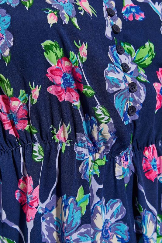 Curve Navy Blue Floral Print Frill Sleeve Smock Top 7