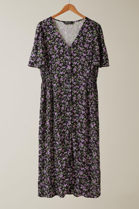 Plus Size  EVANS Curve Black & Purple Floral Print Midi Dress