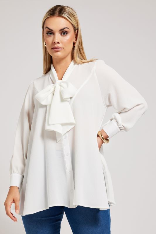 YOURS LONDON Plus Size White Tie Neck Blouse | Yours Clothing 1