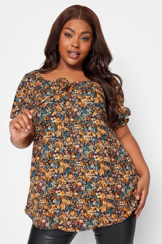 Plus Size  YOURS Curve Orange Floral Print Gypsy Top