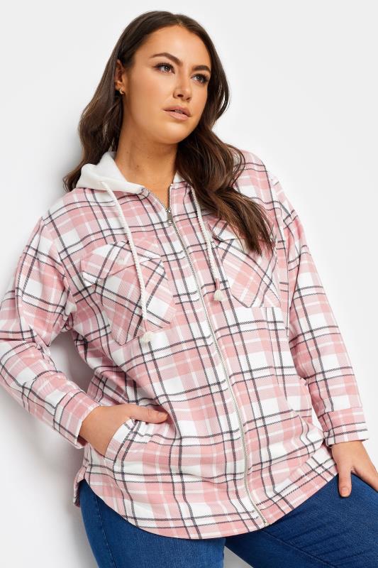 Plus Size  YOURS LUXURY Curve Pink Check Print Hooded Shacket