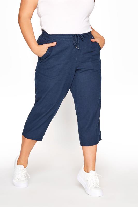 Curve Navy Blue Cropped Linen Mix Trousers 1