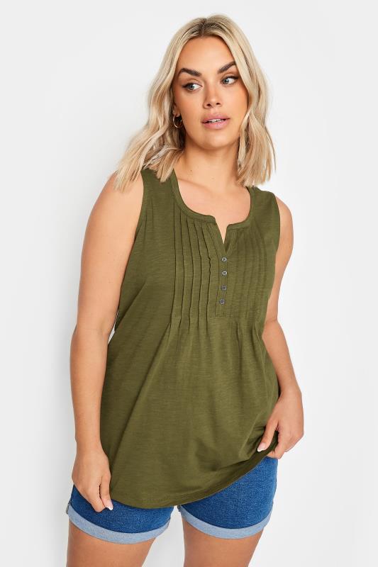 YOURS Plus Size Olive Green Pintuck Henley Vest Top | Yours Clothing 1