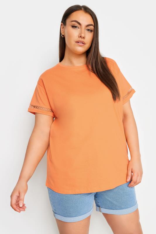 LIMITED COLLECTION Plus Size Orange Crochet Trim Short Sleeve T-Shirt | Yours Clothing 1
