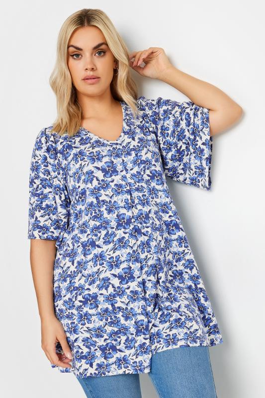 YOURS Plus Size Blue Floral Pleated Swing Top | Yours Clothing  1