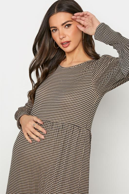 LTS Tall Maternity Beige Brown Dogtooth Check Smock Dress 4