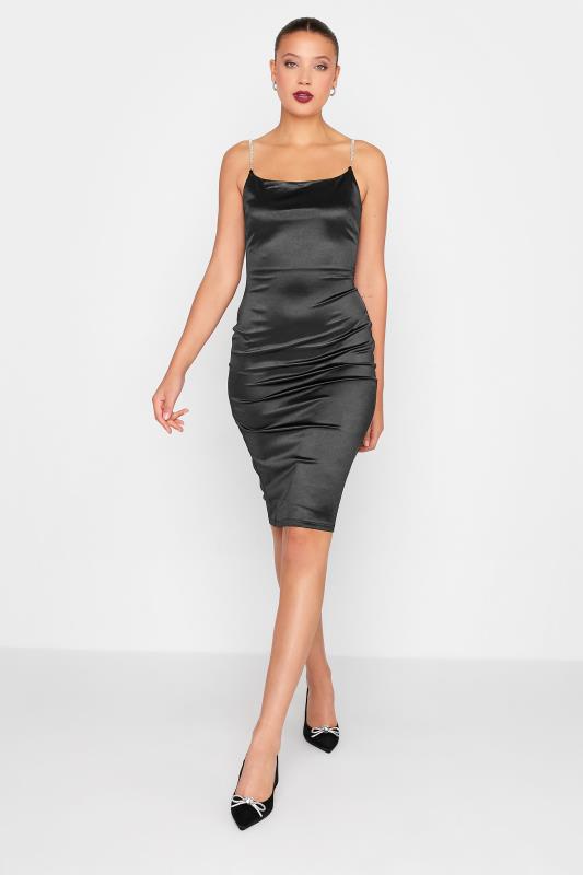 LTS Tall Black Diamante Strap Satin Mini Slip Dress | Long Tall Sally  1