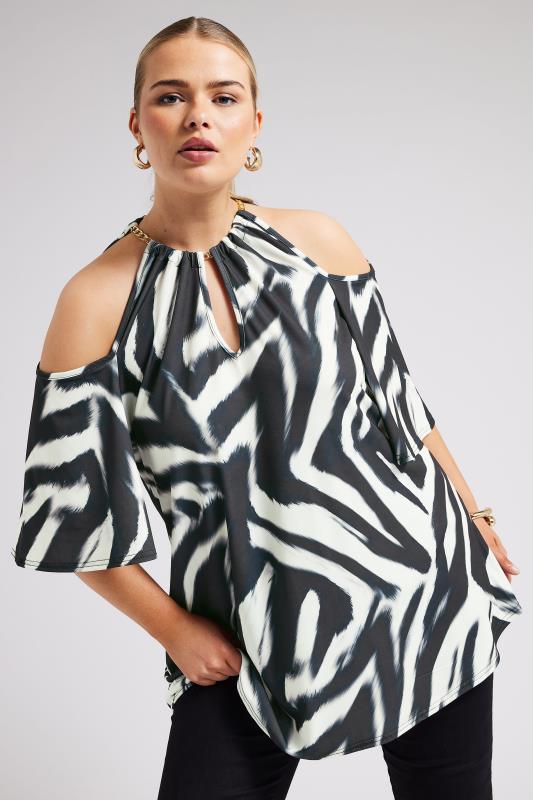 YOURS LONDON Plus Size Black Zebra Print Cold Shoulder Top | Yours Clothing 1