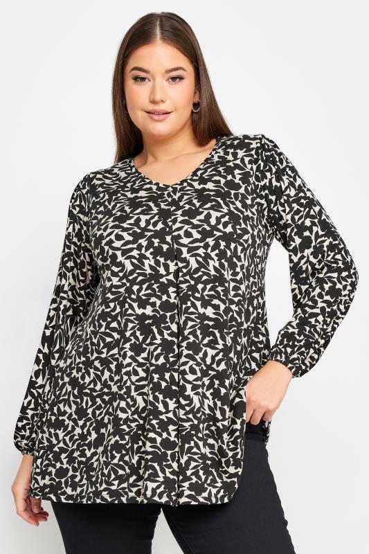 YOURS Plus Size Black & White Floral Print Long Sleeve Swing Top | Yours Clothing 1