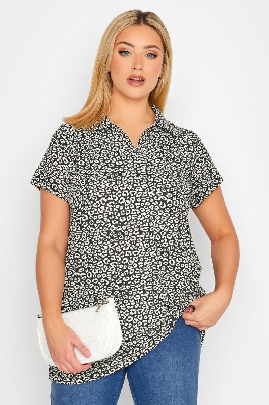 Plus Size Black Leopard Print Polo Neck Top | Yours Clothing 1