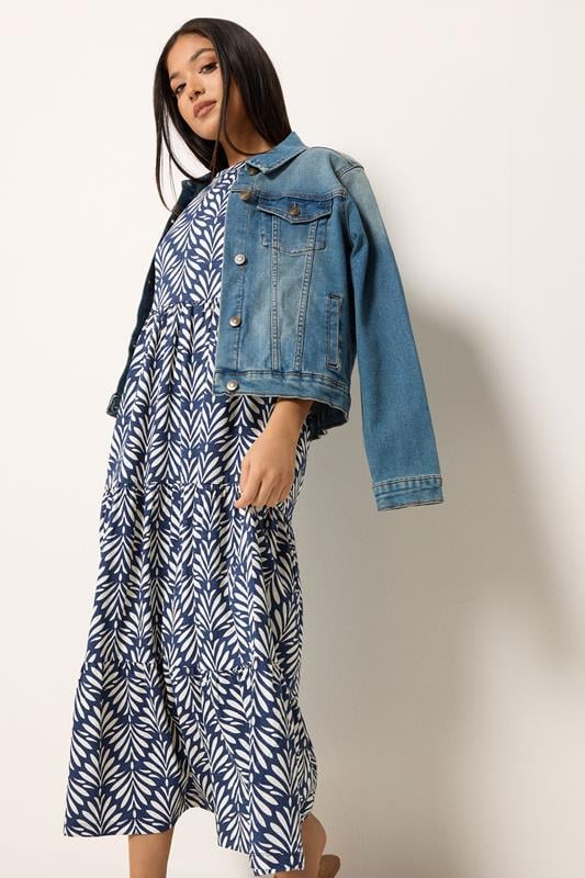 M&Co Petite Navy Blue Leaf Print Tiered Cotton Maxi Dress | M&Co 1