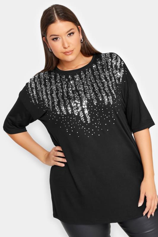 YOURS Plus Size Black Sequin Embellished Neckline T-Shirt | Yours Clothing 1