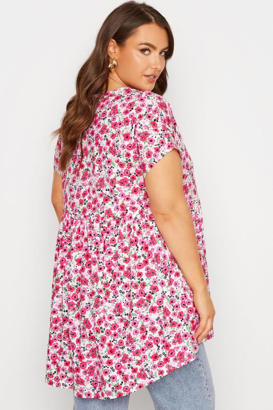 Plus Size Pink Floral Print Button Through Smock Top | Yours Clothing  3