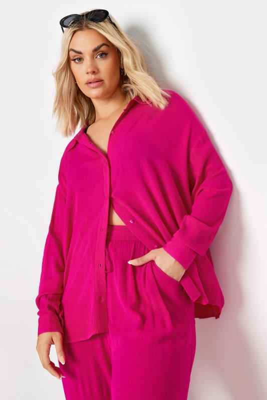 YOURS Plus Size Pink Magenta Crinkle Beach Shirt | Yours Clothing 1