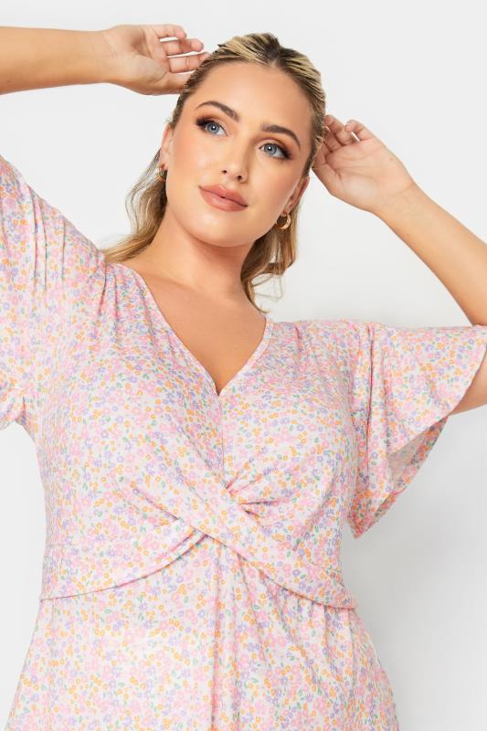 LIMITED COLLECTION Plus Size Pink Ditsy Print Twist Front Top | Yours Clothing 4