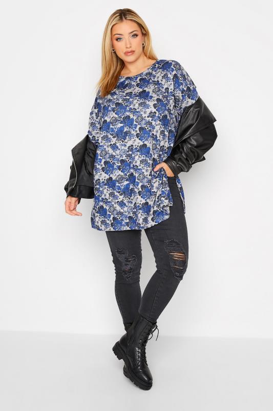 Plus-Size Blue & Grey Floral Print Top | Yours Clothing 2
