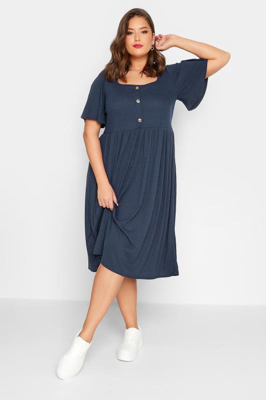 Plus Size  LIMITED COLLECTION Curve Blue Ribbed Square Neck Midi Dress
