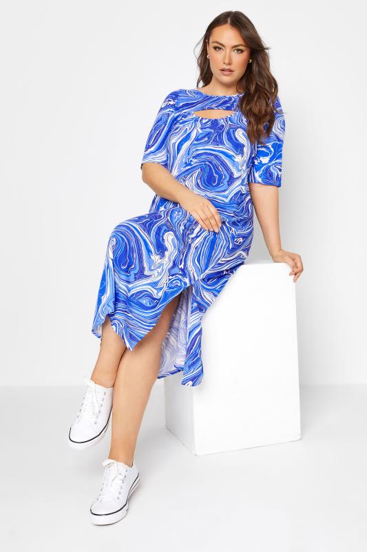 Plus Size Blue Marble Print Cut Out T-Shirt Dress | Yours Clothing  2