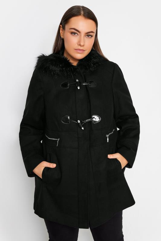 Plus Size  Evans Black Faux Fur Hooded Duffle Coat