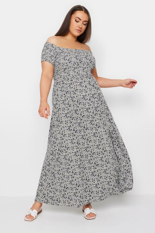 YOURS Plus Size Grey Floral Print Bardot Midaxi Dress | Yours Clothing 2