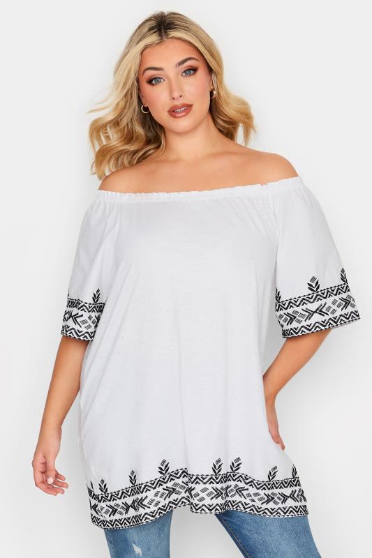  Tallas Grandes YOURS Curve White Embroidered Hem Bardot Top