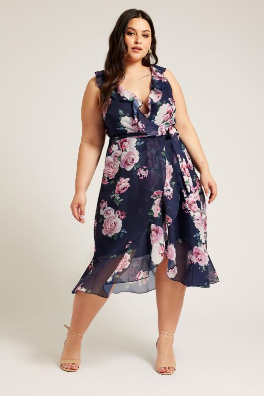  Grande Taille YOURS LONDON Curve Navy Blue Floral Ruffle Wrap Dress