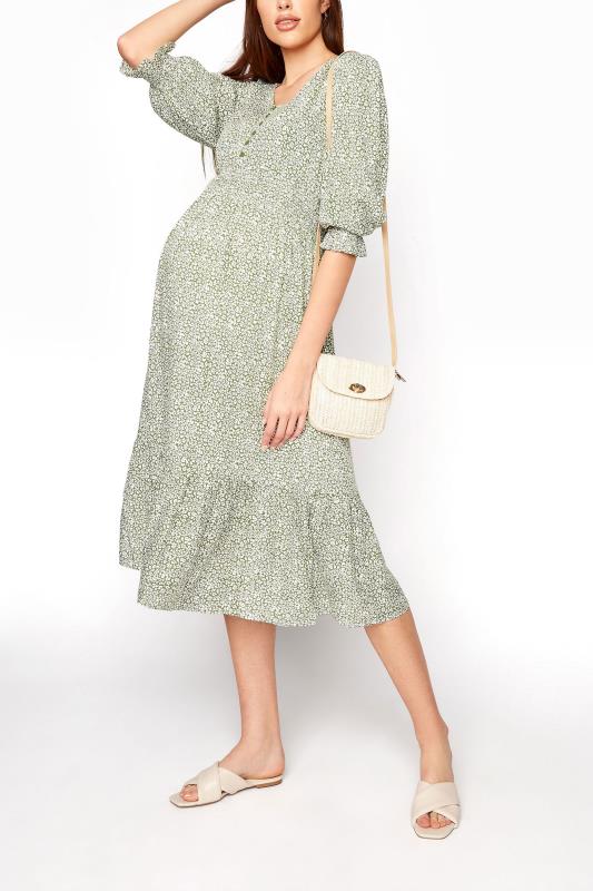 LTS Tall Maternity Sage Green Ditsy V-Neck Button Tiered Midi Dress_B.jpg