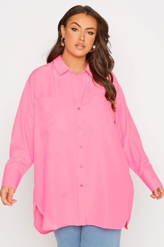 LIMITED COLLECTION Plus Size Neon Pink Oversized Boyfriend Shirt | Yours Clothing 8
