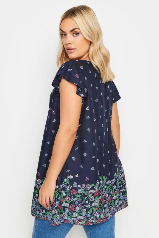 YOURS Plus Size Navy Blue Floral Butterfly Print Blouse | Yours Clothing 3