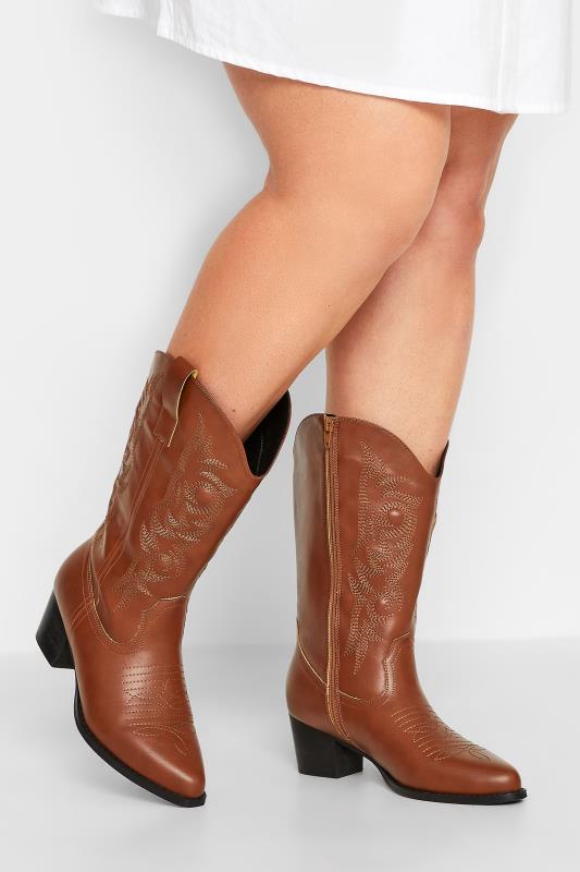  Grande Taille LIMITED COLLECTION Tan Brown Cowboy Boots In Extra Wide EEE Fit