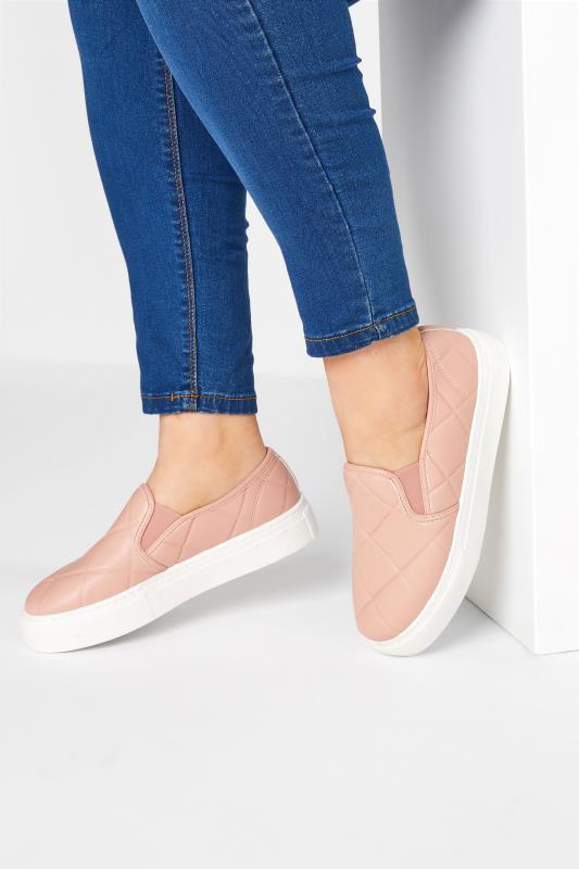 Plus Size  Pink Quilted Slip-On Trainers In Extra Wide EEE Fit