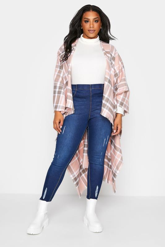  Grande Taille Curve Pink Check Print Knitted Wrap Shawl