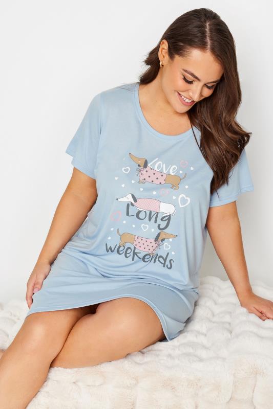 YOURS Plus Size Blue Dog Print 'Long Weekends' Slogan Nightdress 1