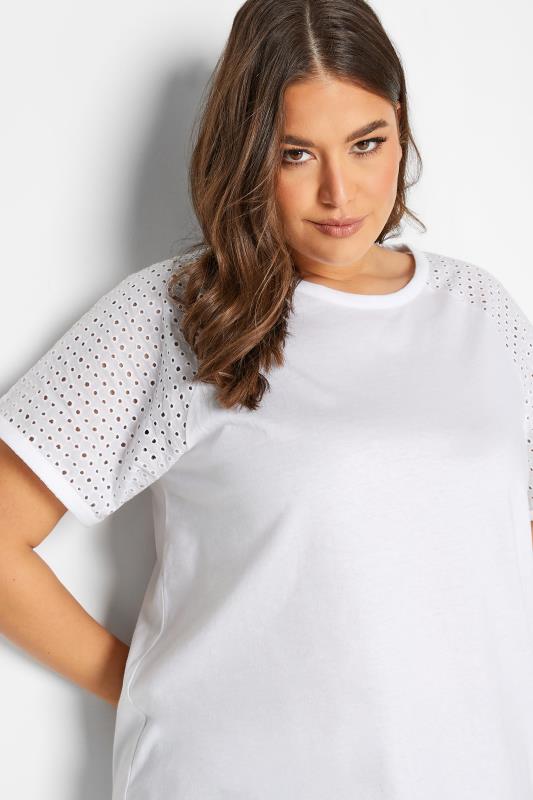 YOURS Plus Size White Broderie Anglaise Raglan T-Shirt | Yours Clothing 4