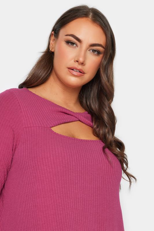 YOURS Plus Size Pink Twisted Front Ribbed Top | Yours Clothing 4