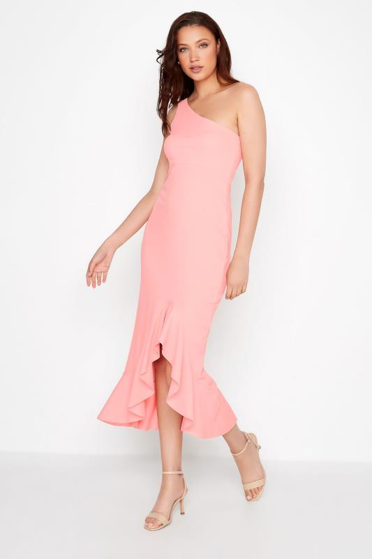 LTS Tall Women's Coral Pink One Shoulder Frill Dress | Long Tall Sally 1