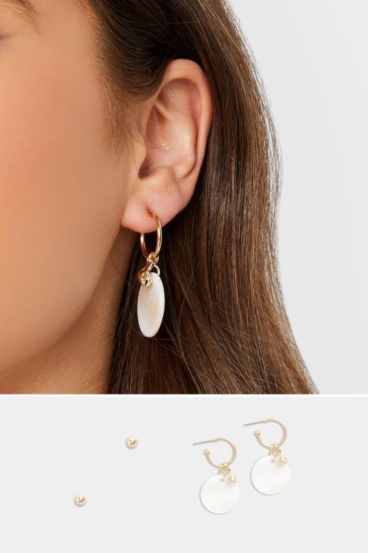 2 PACK Gold & White Shell Drop Hoop Earrings | Yours Clothing  1