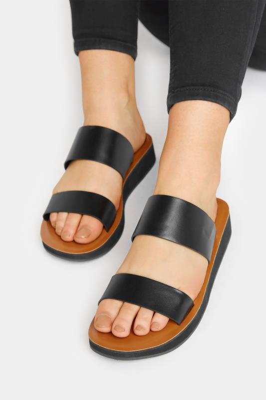 Tall  LTS Black Two Strap Flat Sandals In Standard Fit